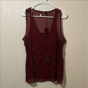 Buckle BKE Boutique Sheer Beaded Sleeveless Blouse Burgandy Polyester Sz Medium